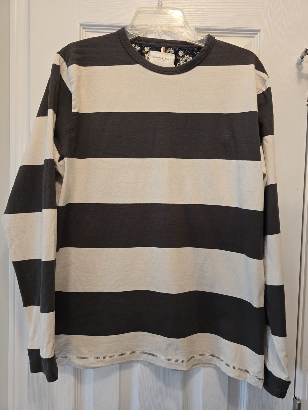 Denim & Flower Men's Brown and Cream Wide Stripe Long-Sleeve Tee Size L